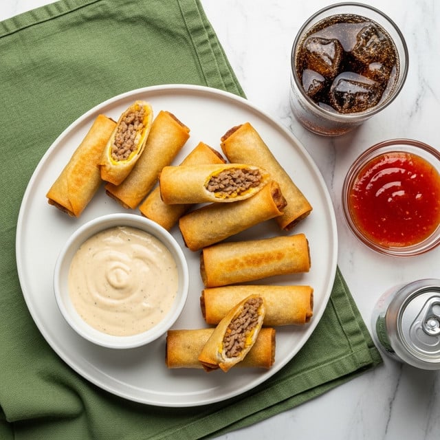 A white round plate holds seven golden brown spring rolls arranged casually around a small white bowl filled with a light creamy sauce. To the right of the plate, there is a small clear glass bowl with bright red dipping sauce. The plate and bowls sit on a green cloth background with a white marbled texture. A glass of dark fizzy drink with bubbles and a partially visible white can are nearby, adding to the casual setting. Photo taken with an iphone --ar 4:5 --v 7