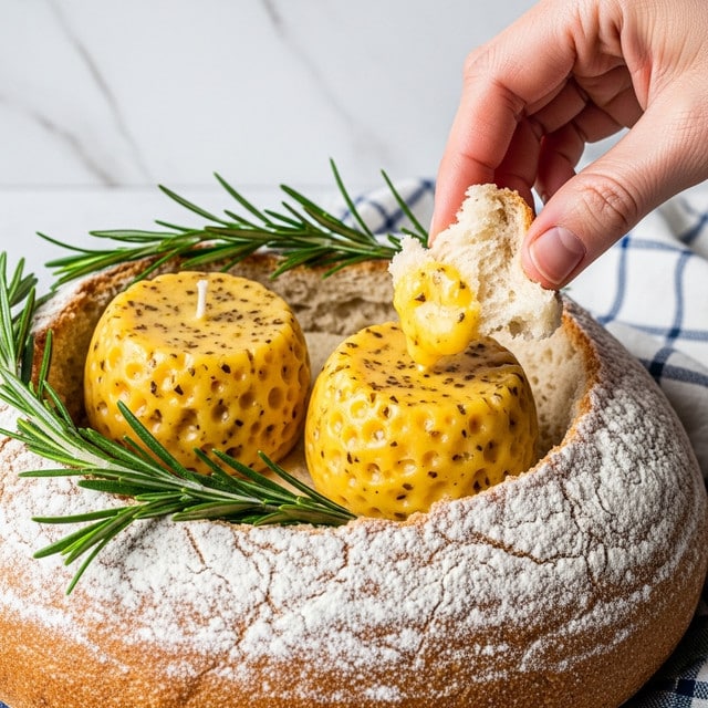 A close-up image shows two glowing yellow melted cheese candles, round in shape with a textured surface and brown herb specks, placed in the hollow of a thick, rustic brown bread loaf dusted with white flour. Fresh green rosemary sprigs are arranged along the edge of the bread near the cheese candles. A woman's hand is dipping a torn piece of soft, fluffy bread into one of the melted cheese candle centers. The background features a white marbled texture and a blurred blue and white checkered cloth. photo taken with an iphone --ar 4:5 --v 7
