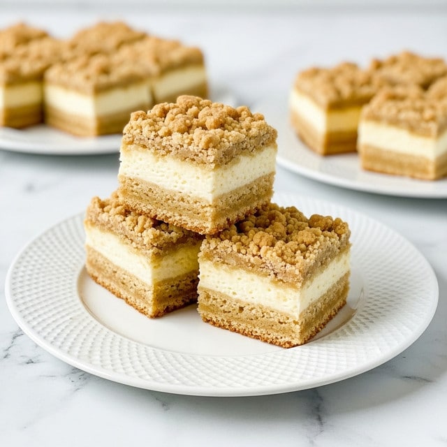 Two square pieces of crumb cake are stacked on a white plate with a subtle textured pattern, placed on a white marbled surface. Each piece has three distinct layers: the bottom layer is a golden brown cake base, the middle layer is a smooth, creamy light yellow filling, and the top layer is a crumbly golden brown streusel with a rough texture. In the background, there are more similar cakes on white plates, slightly out of focus. photo taken with an iphone --ar 4:5 --v 7