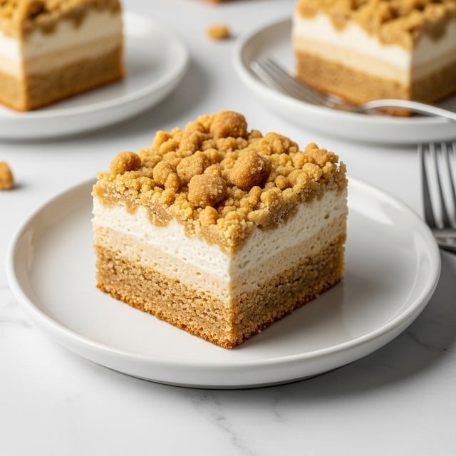 The image shows a square piece of crumb cake placed in the center of a simple white plate. The cake has three visible layers: the bottom layer is a light brown, dense cake base, the middle layer is creamy and light beige, smooth in texture, and the top layer is a crumbly, golden-brown streusel with small chunks, giving a rough texture. The white plate is set on a white marbled surface, adding a clean and bright background. In the background, parts of two more plates with similar crumbs and a fork are visible but out of focus. Photo taken with an iphone --ar 4:5 --v 7