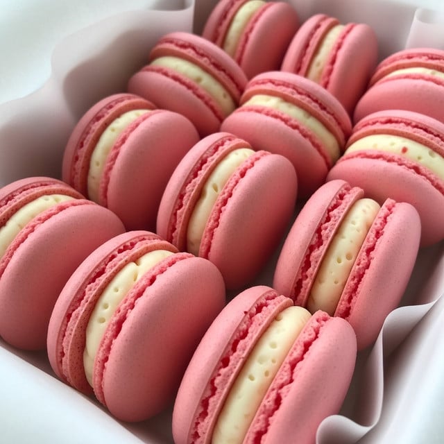 A group of pink macarons with smooth, slightly glossy tops and delicate textures are arranged in a white parchment-lined container. Each macaron has two rounded, soft pink shells with a slightly rough edge, sandwiching a creamy white filling that looks light and fluffy. The macarons are stacked close together, filling the container, and the soft pastel pink color contrasts gently with the white paper lining. The overall look is neat and inviting, with a soft, fresh appearance. photo taken with an iphone --ar 4:5 --v 7