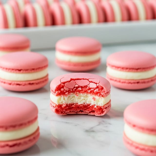 The image shows several pink macarons placed on a white marbled surface. In the front center, one macaron is bitten to reveal two layers of soft pink shells sandwiching a creamy white filling, showing a rough texture inside. Behind it, there are whole macarons evenly spaced, each with smooth, slightly shiny pink shells and a thick white cream layer in the middle. In the far background, a white tray holds more pink macarons, softly blurred, creating a depth effect in the image. photo taken with an iphone --ar 4:5 --v 7