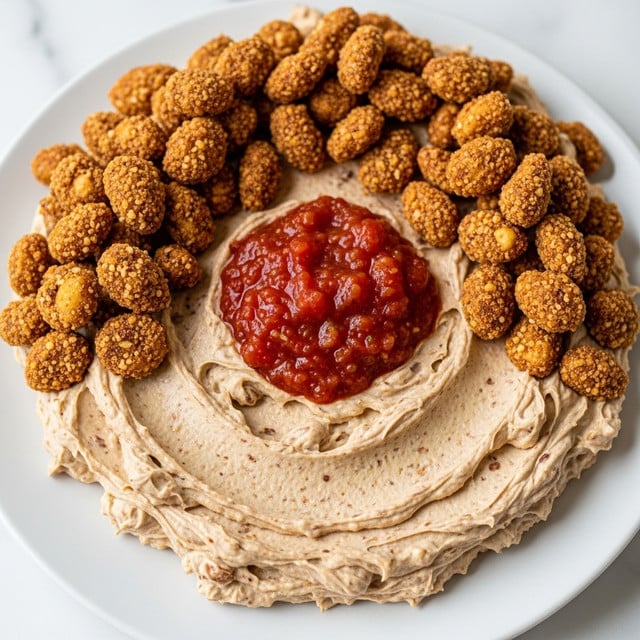 A creamy, light brown spread forms the bottom thick layer on a white plate, textured with small bits and swirls for a soft, fluffy look. On top of this is a thick ring of crunchy, large, golden-brown coated nuts and seasoning, covering the edges and creating a rough, crispy texture. In the center, there is a smooth, bright red dollop of chunky salsa sitting on the spread, contrasting with the other colors. The scene is set on a white marbled surface, adding a clean and simple background. photo taken with an iphone --ar 4:5 --v 7