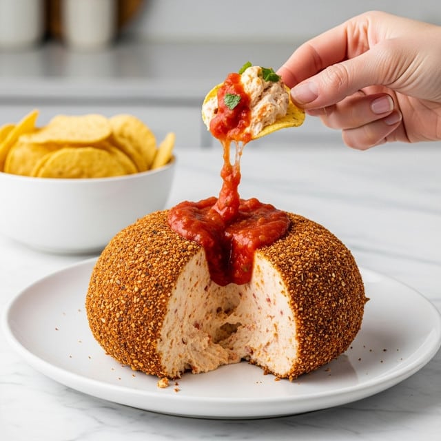 A white plate holds a round cheese ball with a thick outer layer of brown, crunchy seasoning and nuts that cover the entire surface. The ball is cut open to reveal a creamy, light beige cheese filling mixed with red spices inside, and in the center is a flowing, bright red salsa layer with visible chunks of peppers. A woman's hand is lifting a round, pale yellow chip topped with a scoop of the creamy cheese and red salsa mixture. In the background, a white bowl filled with more pale yellow chips sits on a white marbled surface, with a soft kitchen scene blurred behind it. Photo taken with an iphone --ar 4:5 --v 7
