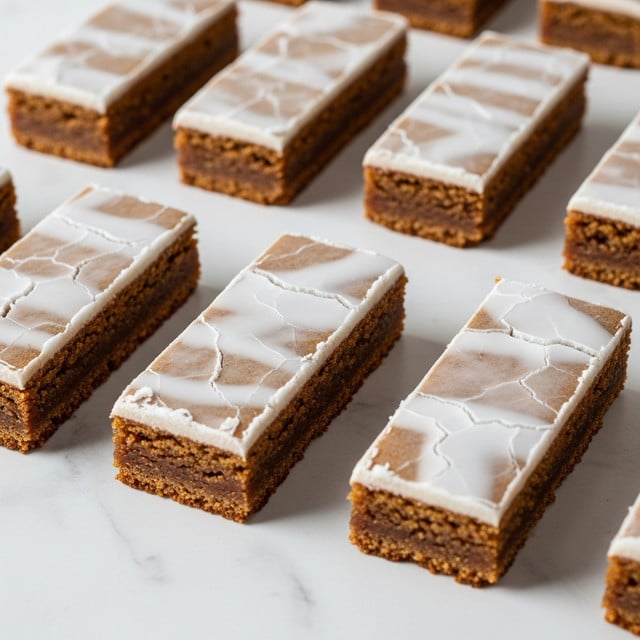 The image shows several rectangular, brown gingerbread bars arranged in rows on a white marbled surface. Each bar has one visible layer, a dense and slightly crumbly brown base with a thin, uneven layer of white icing on top that looks glossy and slightly cracked. The bars are neatly lined up with some space between them, and the white icing contrasts with the warm brown of the gingerbread underneath. photo taken with an iphone --ar 4:5 --v 7