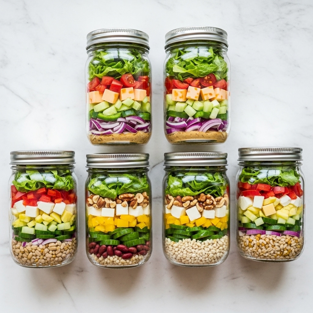Six clear glass jars are arranged in two rows of three on a white marbled surface, each filled with multiple colorful layers of fresh salad ingredients. The top layer in each jar is bright green lettuce, with the middle layers showing a variety of textures and colors including chopped tomatoes, cucumbers, cheese cubes, and nuts, all adding red, white, yellow, and beige highlights. The bottom layers vary with different bases such as dressings, beans, or grains, visible through the glass. The jars have shiny silver lids, and the whole scene is well-lit, showing fresh and crisp ingredients with a clean, appetizing look. photo taken with an iphone --ar 4:5 --v 7