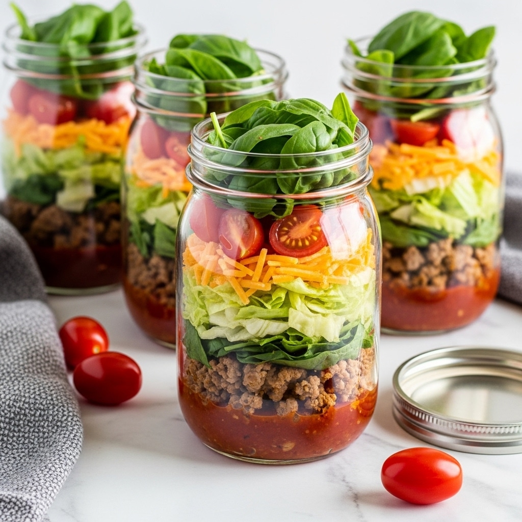 The image shows several clear glass jars filled with layered salads on a white marbled surface. Each jar has about six layers starting at the bottom with a reddish sauce, followed by a layer of cooked ground meat in brown, then halved red cherry tomatoes, a layer of shredded orange cheddar cheese, chopped light green and white lettuce, and topped with bright green leafy spinach or basil. The jars are open, showing the fresh ingredients distinctly through the glass. There is a gray textured cloth near the jars and a few red cherry tomatoes on the surface. Photo taken with an iphone --ar 4:5 --v 7
