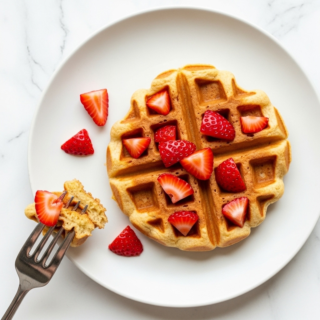 A close-up image of a single golden-brown waffle on a white plate, topped with several pieces of fresh, bright red chopped strawberries placed inside the waffle's square pockets and scattered on top. A fork with a small piece of waffle and a tiny piece of strawberry is held near the plate. The background shows a clean white marbled texture. photo taken with an iphone --ar 4:5 --v 7