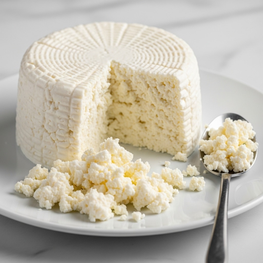 A large, round block of soft white cheese sits on a white plate, with a smooth, solid top layer and a crumbly, textured interior that is partially broken off. Crumbled pieces of the cheese are spread in front of the block on the plate, showing its grainy texture. A silver spoon with some cheese on it lies on the right side of the plate. The scene is set on a white marbled surface. photo taken with an iphone --ar 4:5 --v 7