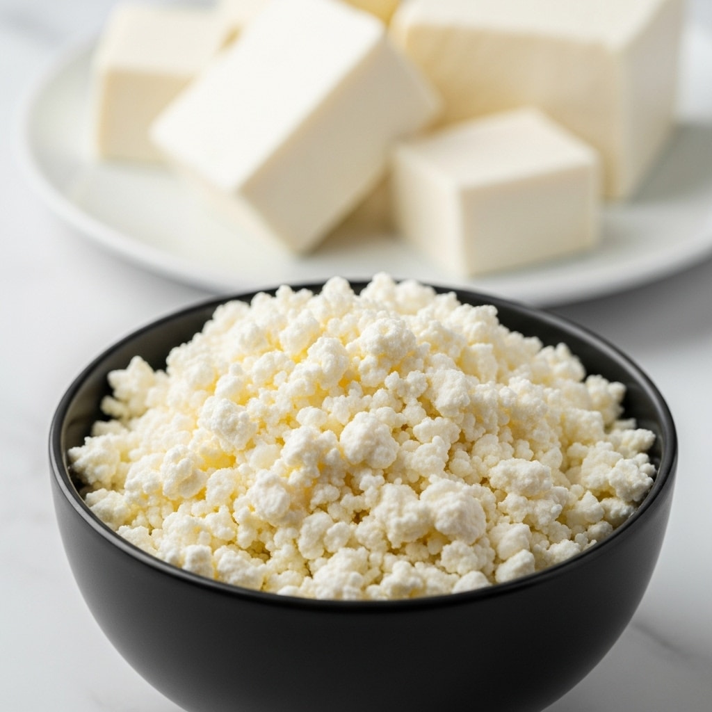 A close-up image showing a black bowl filled with crumbly, white cottage cheese that has a soft and slightly grainy texture. In the background, there is a blurred view of a white plate holding large chunks of solid white cheese, all placed on a white marbled surface. The focus is on the detailed texture of the cottage cheese inside the bowl. photo taken with an iphone --ar 4:5 --v 7