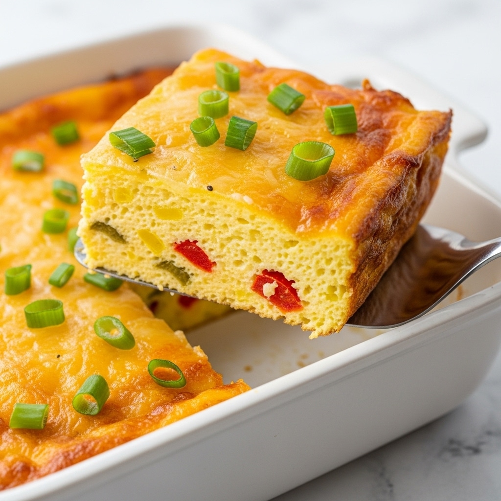 A close-up view of a square slice of baked egg casserole being lifted with a metal spatula from a white baking dish. The casserole has three visible layers: a golden-brown melted cheese top layer with a slightly crispy edge, a thick middle layer filled with small pieces of red and green vegetables, and a dense, creamy yellow egg base at the bottom. The surface of the casserole is sprinkled with finely sliced green onions, adding a fresh green color contrast. The white baking dish sits on a white marbled texture surface. Photo taken with an iphone --ar 4:5 --v 7