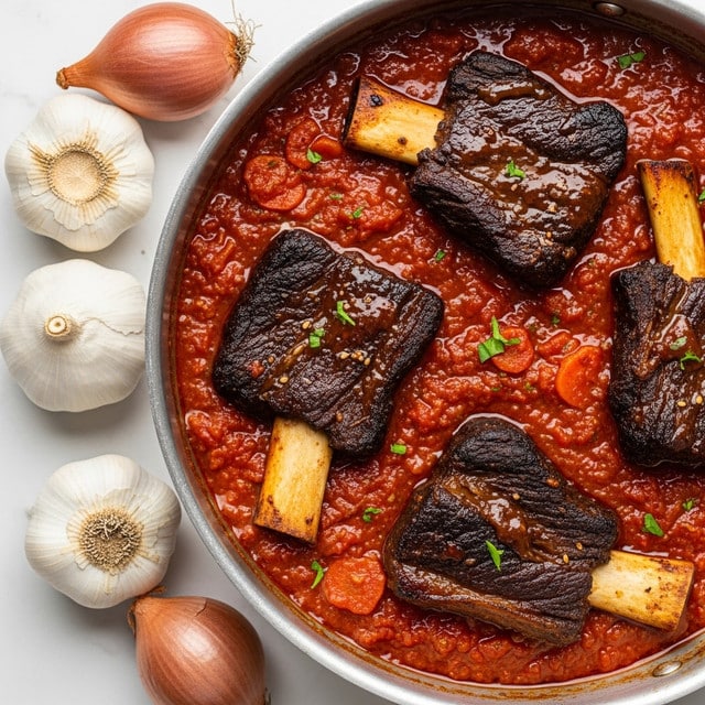 A close-up of a metal pot filled with rich, deep red tomato sauce showing a thick, chunky texture with small bits of cooked carrots and herbs spread throughout. Inside the sauce lie three large, browned beef short ribs with charred edges and visible bone ends, each rib partially submerged in the sauce. The ribs have a glossy surface from the sauce, showing caramelized, crispy textures. Around the pot on a white marbled surface are three bulbs of garlic and two shallots, adding a natural touch to the scene. photo taken with an iphone --ar 4:5 --v 7
