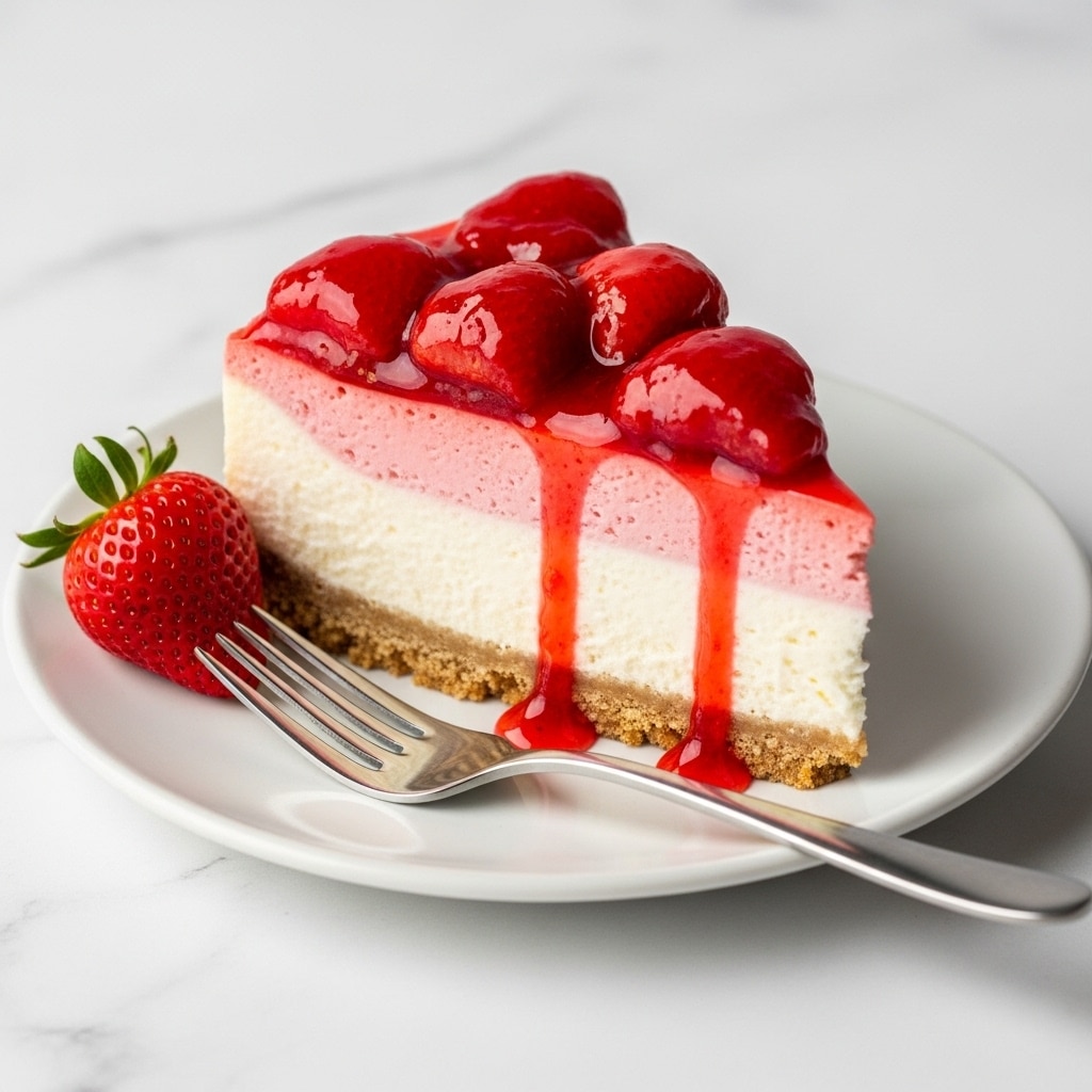 A slice of cheesecake is shown on a white plate with a silver fork placed beside it. The cheesecake has three visible layers: a light brown crumbly crust at the bottom, a thick smooth white creamy middle layer, and a glossy bright red strawberry topping with large strawberry pieces and syrup dripping down the sides. A whole fresh strawberry rests on the plate near the fork. The background is a white marbled surface. photo taken with an iphone --ar 4:5 --v 7