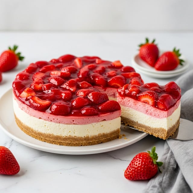 A round cheesecake with three visible layers sits on a white plate on a white marbled surface. The bottom layer is a light brown, slightly toasted crust. Above it is a thick, smooth creamy white cheesecake layer. The top layer is bright red, made of glossy, chunky strawberry topping with many pieces of sliced strawberries. One slice of the cheesecake is slightly lifted with a metal spatula, showing the layers clearly. Around the plate are a few whole strawberries and a soft gray cloth nearby. Photo taken with an iphone --ar 4:5 --v 7