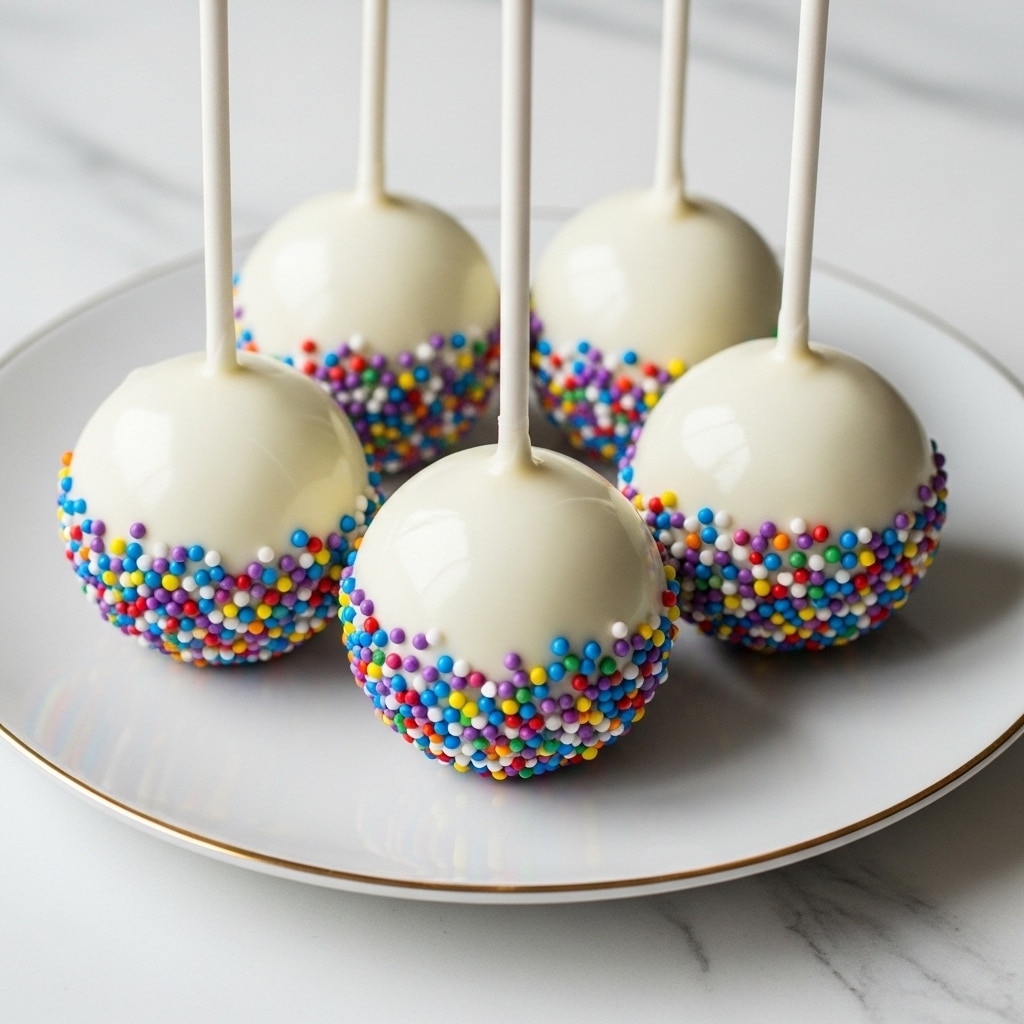 The image shows five round cake pops on white sticks, each dipped in smooth, shiny white coating that covers the top half, while the bottom half is covered in small, colorful round sprinkles in red, yellow, blue, green, purple, and white. The cake pops rest on a white plate with a subtle gold rim, placed on a white marbled surface. The sticks stand upright, and the coating looks thick and glossy, giving the cake pops a bright and fun look. photo taken with an iphone --ar 4:5 --v 7
