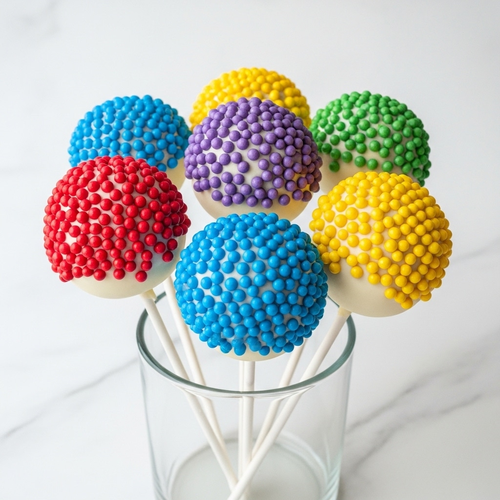 A group of round cake pops each covered in a smooth layer of white coating and topped with dense, colorful round sprinkles in colors like red, blue, yellow, green, orange, purple, and white. The cake pops are attached to sticks and placed inside a clear glass container, standing upright against a clean white marbled background. The sprinkles cover just the top half of each cake pop, creating a bright contrast with the white coating below. The overall look is fun and festive. photo taken with an iphone --ar 4:5 --v 7