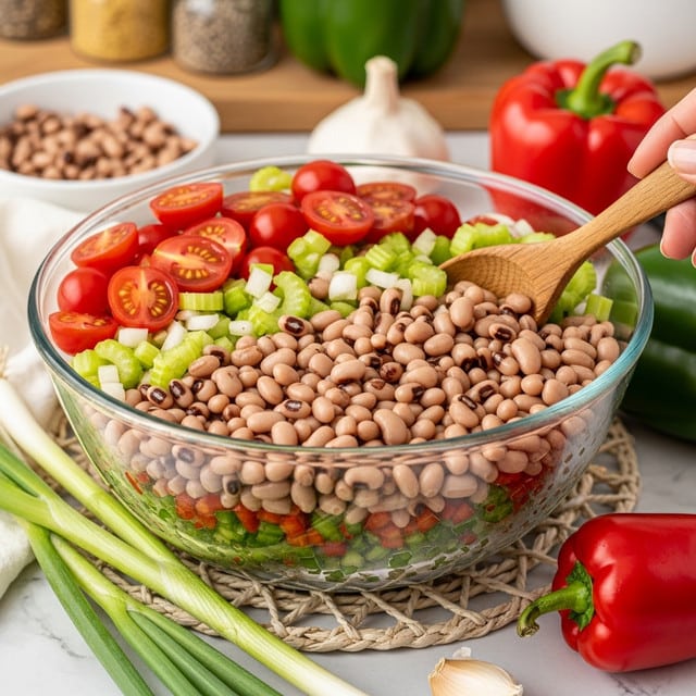 A clear glass bowl filled with a colorful salad made of three main layers: the bottom layer shows a mix of finely chopped green and red bell peppers, visible through the bowl; the middle layer contains a large amount of pale tan beans with dark brown spots evenly spread throughout; the top layer is dotted with halved bright red cherry tomatoes and small pieces of light green celery and white onions with a fresh, juicy texture. A wooden spoon is partly inside the bowl, held by a woman's hand, lifting some of the salad. The bowl is placed on a light woven mat, surrounded by fresh green onions, garlic, whole red bell peppers, and blurred kitchen items in the background, all on a white marbled surface. photo taken with an iphone --ar 4:5 --v 7