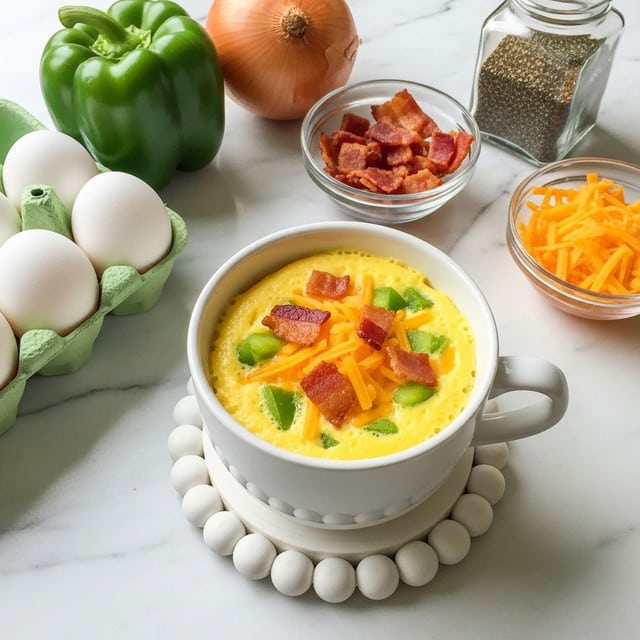 A white mug with a handle sits on a round white coaster with small ball details, filled with a yellow beaten egg mixture containing green bell pepper bits and topped with small pieces of crispy bacon and orange shredded cheese. Around the mug on a white marbled surface are five whole white eggs in a green carton, a large green bell pepper, a whole yellow onion, a small glass bowl filled with crispy bacon pieces, a small glass bowl with shredded orange cheese, and a square glass jar filled with black pepper. Photo taken with an iphone --ar 4:5 --v 7