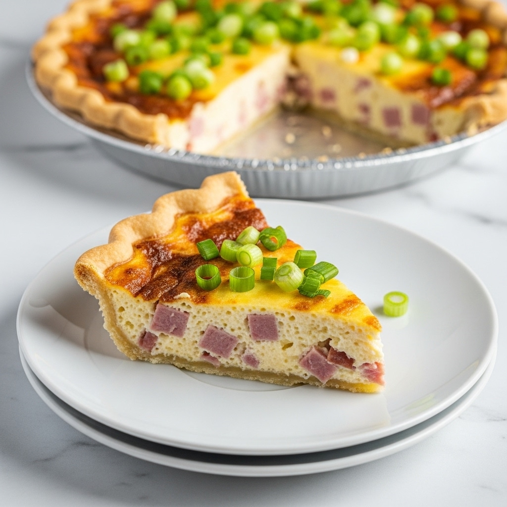 A slice of quiche sits on a stack of three white plates, with the slice showing a golden brown crust on the bottom and sides. The quiche filling is thick and creamy pale yellow with chunks of pink ham mixed in, topped with bright green chopped scallions scattered over the surface. The texture of the filling looks smooth with some browned spots on top, indicating it has been baked. In the background, the full quiche with the same golden crust and scallion topping is visible in a foil pie pan, resting on a white marbled textured surface. Photo taken with an iphone --ar 4:5 --v 7