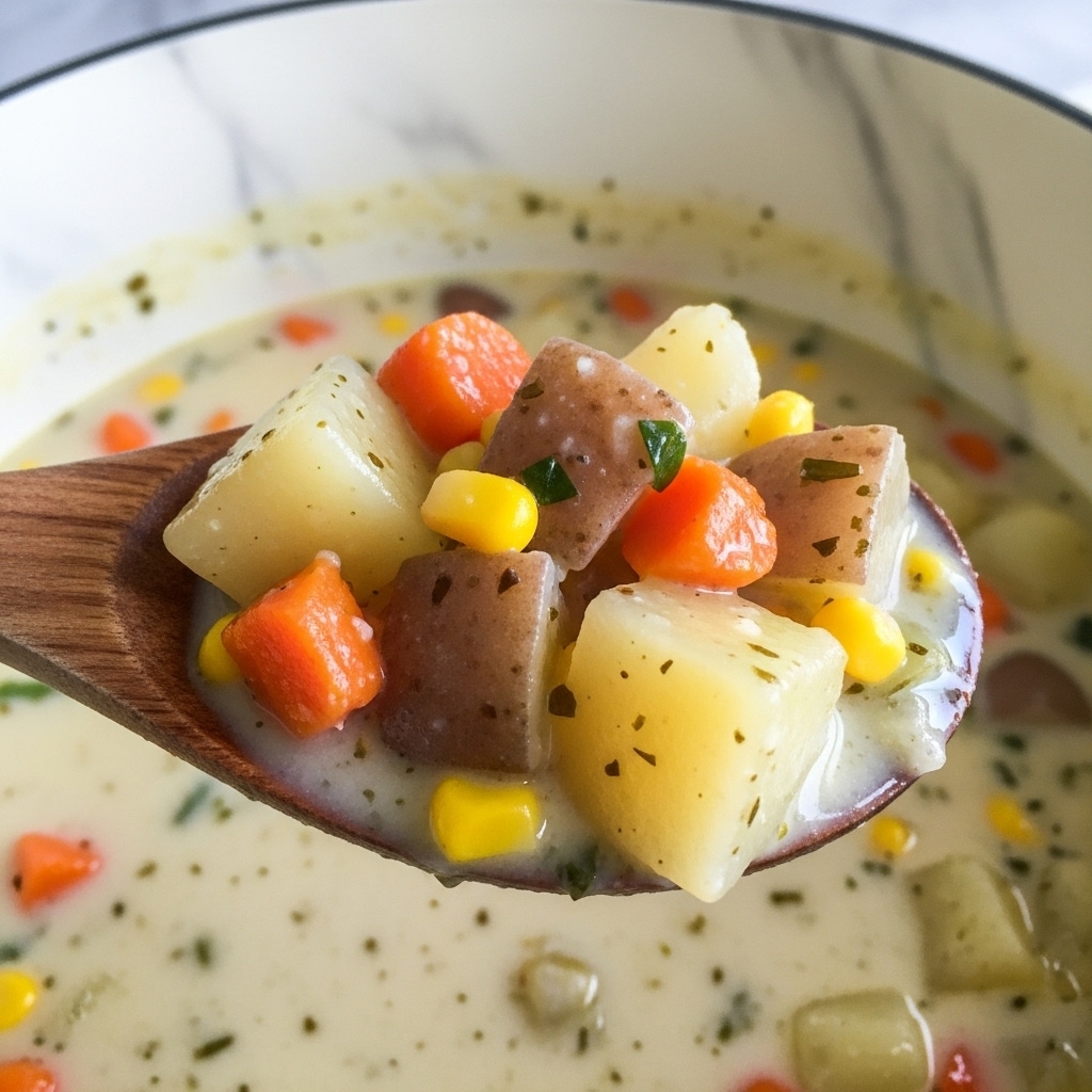 A close-up of a wooden spoon holding thick creamy soup filled with visible chunks of soft potatoes in light beige and brown, orange carrot pieces, yellow corn kernels, and small green bits, all mixed in a smooth pale white broth speckled with tiny herbs. The background shows more of the soup inside a white marbled pot or bowl. The textures contrast between the smooth creamy liquid and the tender vegetable cubes. Photo taken with an iphone --ar 4:5 --v 7