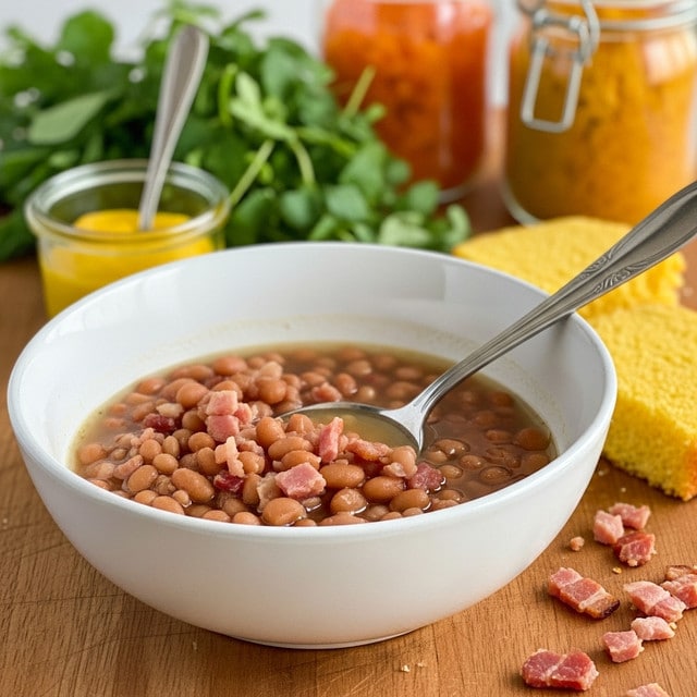 A white bowl filled with cooked beans mixed with small pieces of pinkish-red bacon, all sitting in a light brown broth. A silver spoon rests inside the bowl, partially submerged in the beans. The bowl is placed on a wooden surface, with a few scattered pieces of bacon nearby. In the blurred background, there is a bunch of green herbs and two jars with orange contents, along with a small glass container of a yellow sauce. A slice of yellow cornbread leans against the greenery. The overall look is warm and inviting. Photo taken with an iphone --ar 4:5 --v 7