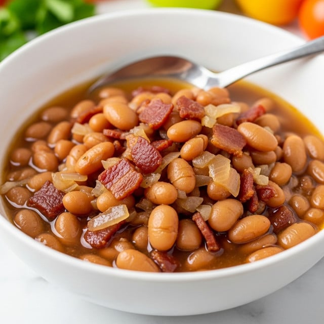 A close-up view of a white bowl filled with cooked beans mixed with small pieces of crispy reddish-brown bacon and bits of pale onions scattered throughout. The beans are soft and light to medium brown in color with a slightly glossy, moist texture, sitting in a thin brownish broth. A metal spoon rests inside the bowl near the back edge, partially submerged in the beans. In the blurred background, there are hints of green herbs and bright yellow and orange colors. The bowl sits on a white marbled surface. Photo taken with an iphone --ar 4:5 --v 7