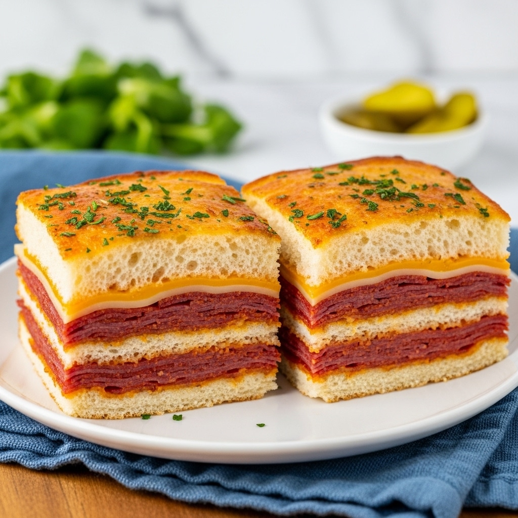 Two square slices of layered sandwich are stacked on a white plate placed on a wooden surface with a blue cloth nearby. Each slice has four layers: the top layer is a golden-brown, baked bread with a slightly crispy texture and sprinkled with green herbs; below it is a thin layer of melted yellow cheese; following that is a layer of thinly sliced red pepperoni stacked evenly; and the bottom layer is a soft, light brown bread base. The cheese is slightly melted, and the sandwich looks warm and fresh. In the background, there is some green leafy garnish and a small bowl with yellow pickles, all set against a white marbled textured surface. photo taken with an iphone --ar 4:5 --v 7