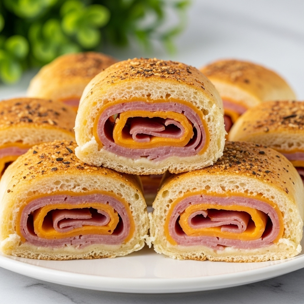 This image shows several slices of a rolled sandwich. Each slice has three visible layers: the outer layer is a golden brown bread crust with a sprinkling of seasoning on top, the middle layer is soft, slightly yellow bread, and the inner layers are melted orange cheese and pink ham, tightly rolled in a spiral shape. The sandwich slices are stacked on a white plate, and the background is a white marbled surface with green leaves blurred in the distance. Photo taken with an iphone --ar 4:5 --v 7