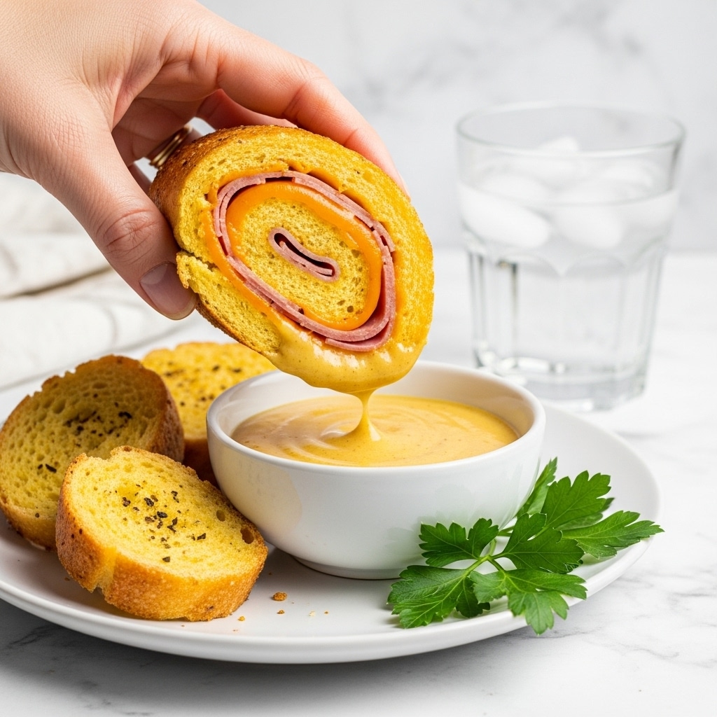 A woman's hand is holding a thick rolled sandwich with visible layers of soft yellow bread, melted orange cheese, and slices of ham inside, partially dipped into a small white bowl of creamy, smooth golden-yellow mustard sauce. On the white plate underneath, there are pieces of crusty golden-brown bread with seasoning and fresh green parsley leaves placed near the bowl. Behind the plate is a glass of water with ice, all set on a white marbled texture. Photo taken with an iphone --ar 4:5 --v 7