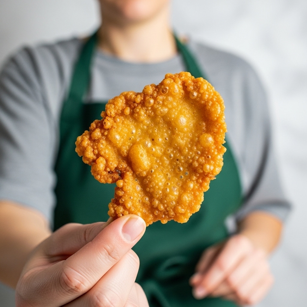 A close-up of a single crispy fried chip held between the fingers of a person's woman’s hand, showing a rough, golden-brown surface with small bubbles and a slightly uneven shape, the background is a soft focus on a person wearing a gray shirt and green apron against a white marbled texture. photo taken with an iphone --ar 4:5 --v 7