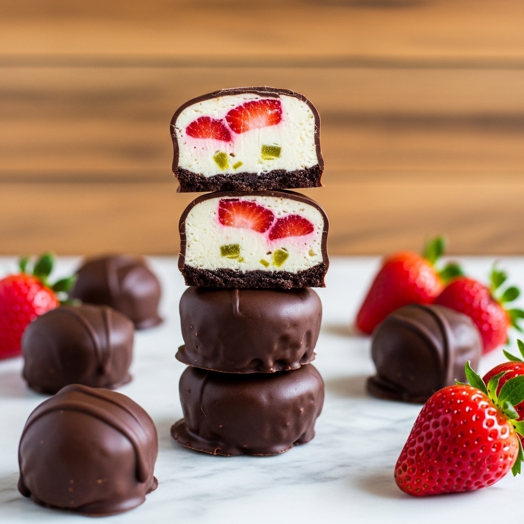 The image shows a stack of four chocolate-covered cheesecake bites on a white marbled surface. The bites have a smooth, shiny dark brown chocolate layer on the outside. The top bite is cut in half to show three layers inside: a thick white creamy cheesecake filling mixed with red strawberry pieces and small hints of light green jalapeno bits, above a thin dark chocolate crust base. Around the stack, there are whole chocolate-covered bites and a few fresh bright red strawberries with green leaves. The background is a wooden texture with warm tones. photo taken with an iphone --ar 4:5 --v 7