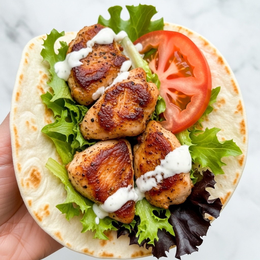 A close-up of a soft white flatbread taco held by a woman's hand, filled with three browned, grilled chicken pieces in the center; underneath and around the chicken are fresh, curly green lettuce leaves and a few dark purple lettuce leaves at the bottom right edge; a thick, bright red tomato slice is placed towards the back right side, and white creamy sauce is drizzled over the chicken and some lettuce; the background is a white marbled texture, softly blurred. photo taken with an iphone --ar 4:5 --v 7