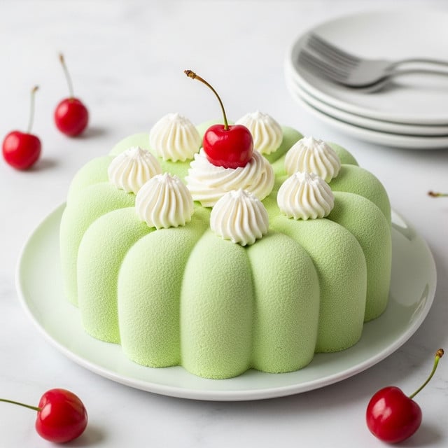 A round, light green mousse cake with smooth, rounded vertical ridges forming the sides, topped with seven small white whipped cream dollops arranged in a circle around a larger swirl in the center that holds one bright red cherry; the cake sits on a simple white plate against a white marbled background, with scattered red cherries nearby and a stack of white plates with forks in the background. photo taken with an iphone --ar 4:5 --v 7