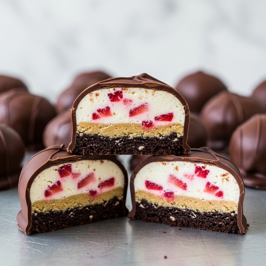 The image shows chocolate-covered layered treats cut in half to reveal their inside. Each treat has three layers: a bottom dark, crumbly cookie base, a thick middle creamy layer mixed with red strawberry bits, and an outer smooth chocolate coating covering the entire piece. The treats are stacked on top of each other on a shiny silver metal surface with a white marbled background that makes the colors stand out. More whole chocolate-coated treats are blurred in the background, emphasizing the cut ones in the front. photo taken with an iphone --ar 4:5 --v 7