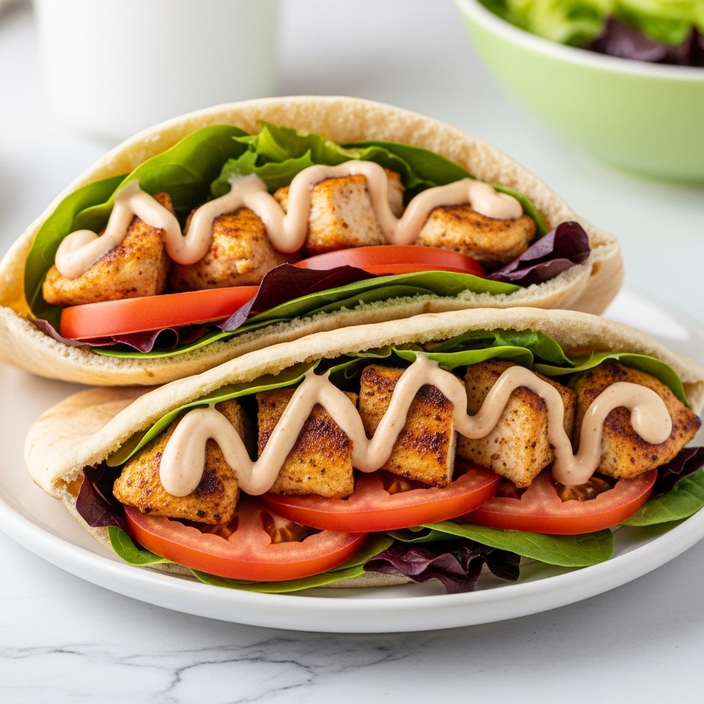 Two soft pita pockets sit open on a white plate with a white marbled texture under it, each filled with layers starting with green and purple leafy lettuce, topped with thick slices of red tomato, followed by several chunks of grilled, golden-brown chicken. A zigzag drizzle of creamy, light beige sauce covers the top layer. In the background, out of focus, is a white cup and a green salad bowl. Photo taken with an iphone --ar 4:5 --v 7