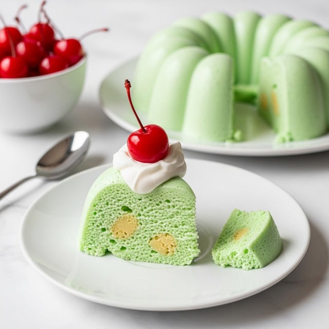 A close-up of a single slice of light green molded dessert on a white plate, showing a soft and airy texture with small chunks inside, topped with a dollop of white whipped cream and a bright red cherry on the side; a small piece of the dessert is broken off on the right. In the background, the full round dessert with a scalloped pattern is visible on another white plate, along with a white bowl filled with shiny red cherries and a silver spoon resting beside it, all placed on a white marbled surface. Photo taken with an iphone --ar 4:5 --v 7