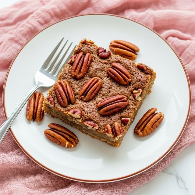 A single square piece of pecan dessert sits centered on a white plate with a thin brown rim, showing a rough textured top covered with whole, glossy brown pecan halves. The dessert has a rich, golden-brown color with darker spots from baking. Around the main piece, three whole pecans are placed on the plate, adding contrast with their smooth surfaces. A silver fork rests on the left side of the plate, near the edge. The plate lies on a soft, crumpled pink cloth, which contrasts with the white marbled surface beneath. Photo taken with an iphone --ar 4:5 --v 7