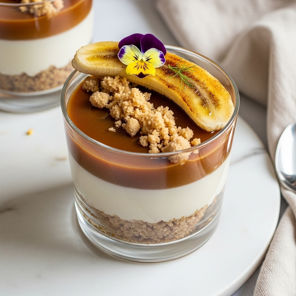 A dessert in a clear glass shows three layers: the bottom layer is crumbly and light brown, the middle layer is smooth and white, and the top layer is a shiny caramel brown. On the top layer, there is a slice of banana with a golden-brown sear on one side, a small pile of light brown crumbled topping arranged in a line, and a small purple and yellow edible flower placed next to the banana. The glass sits on a white marbled surface with a soft beige cloth nearby. Another similar dessert glass is partially visible in the background. Photo taken with an iphone --ar 4:5 --v 7