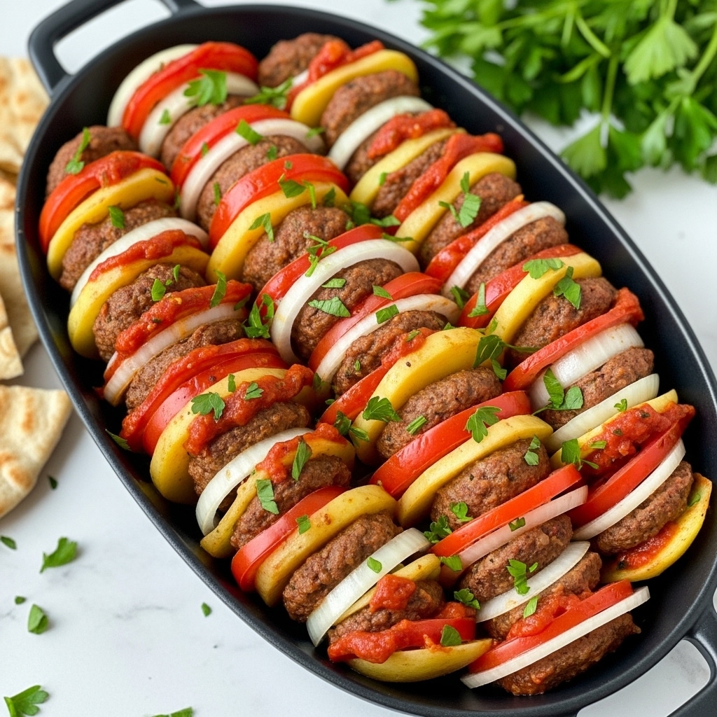 A black oval dish filled with neatly arranged layers of sliced meatballs, pale yellow potatoes, white onion rings, and red tomato slices, all covered in a vibrant red tomato sauce with specks of green parsley on top, giving it a fresh look. The layers alternate evenly across the dish, creating a colorful and textured pattern. The dish sits on a white marbled surface with some fresh green parsley in the background, and pieces of pita bread are partially visible on the left side. Photo taken with an iphone --ar 4:5 --v 7