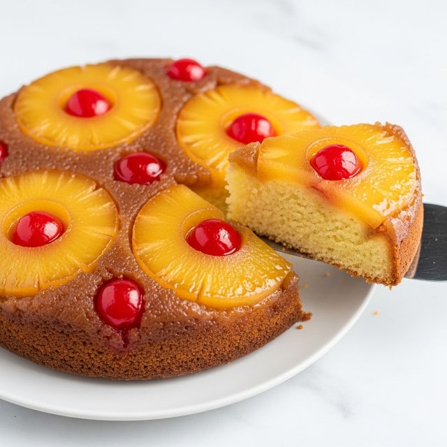 A round pineapple upside-down cake with a golden-brown, caramelized top layer featuring four bright yellow pineapple rings, each with a glossy red cherry in the center. One triangular slice is lifted on a shiny metal spatula, showing the soft, moist interior that is a light yellow color. The cake sits on a white plate on a white marbled surface, with no other objects around. The texture of the cake looks slightly crisp on the outside and tender inside. Photo taken with an iphone --ar 4:5 --v 7