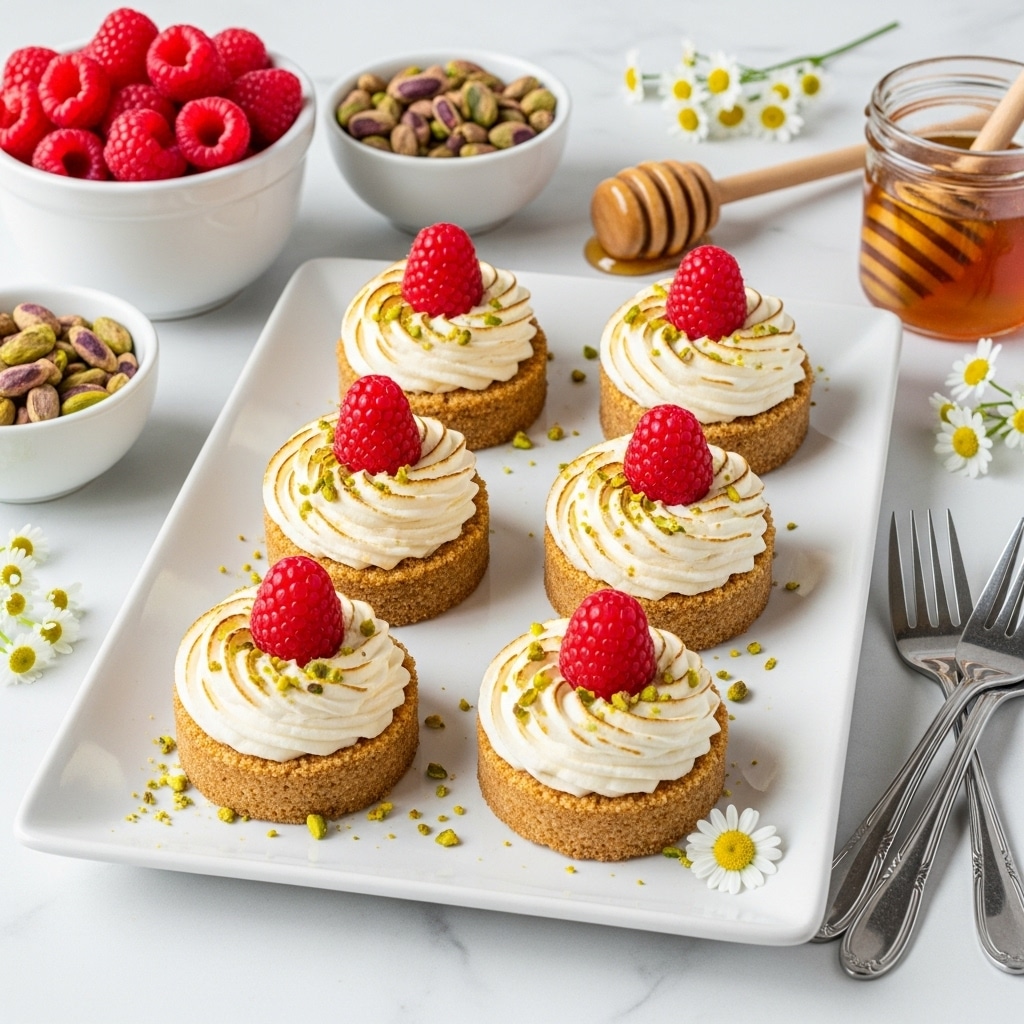 Six small tartlets are arranged in two rows on a white rectangular plate, each tartlet showing a crumbly light brown crust base. On top of each crust is a thick swirl of creamy white topping with a slightly toasted brown edge, garnished with a bright red raspberry sitting right in the center. Crushed green pistachio pieces are sprinkled around on the plate and lightly on the desserts. The plate is set on a white marbled surface, and nearby are a white bowl filled with fresh red raspberries, a white bowl with green pistachios, a wooden honey dipper, a small glass jar with orange honey, and three silver forks placed beside the plate. Small white flowers with yellow centers add a delicate touch to the scene. photo taken with an iphone --ar 4:5 --v 7