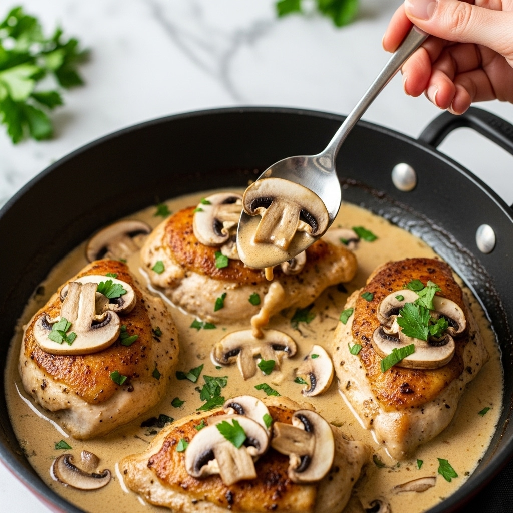 This image shows a close-up of a black pan filled with four browned chicken pieces, each topped with thin, light brown mushroom slices and small green parsley leaves. The chicken sits in a creamy beige sauce with visible herbs, giving the dish a rich texture. In the top right, a woman's hand holds a spoon, lifting some sauce with a mushroom slice above one chicken piece, which adds a sense of action to the scene. The background has a white marbled texture with some blurred green leaves barely visible, adding freshness to the setting. photo taken with an iphone --ar 4:5 --v 7