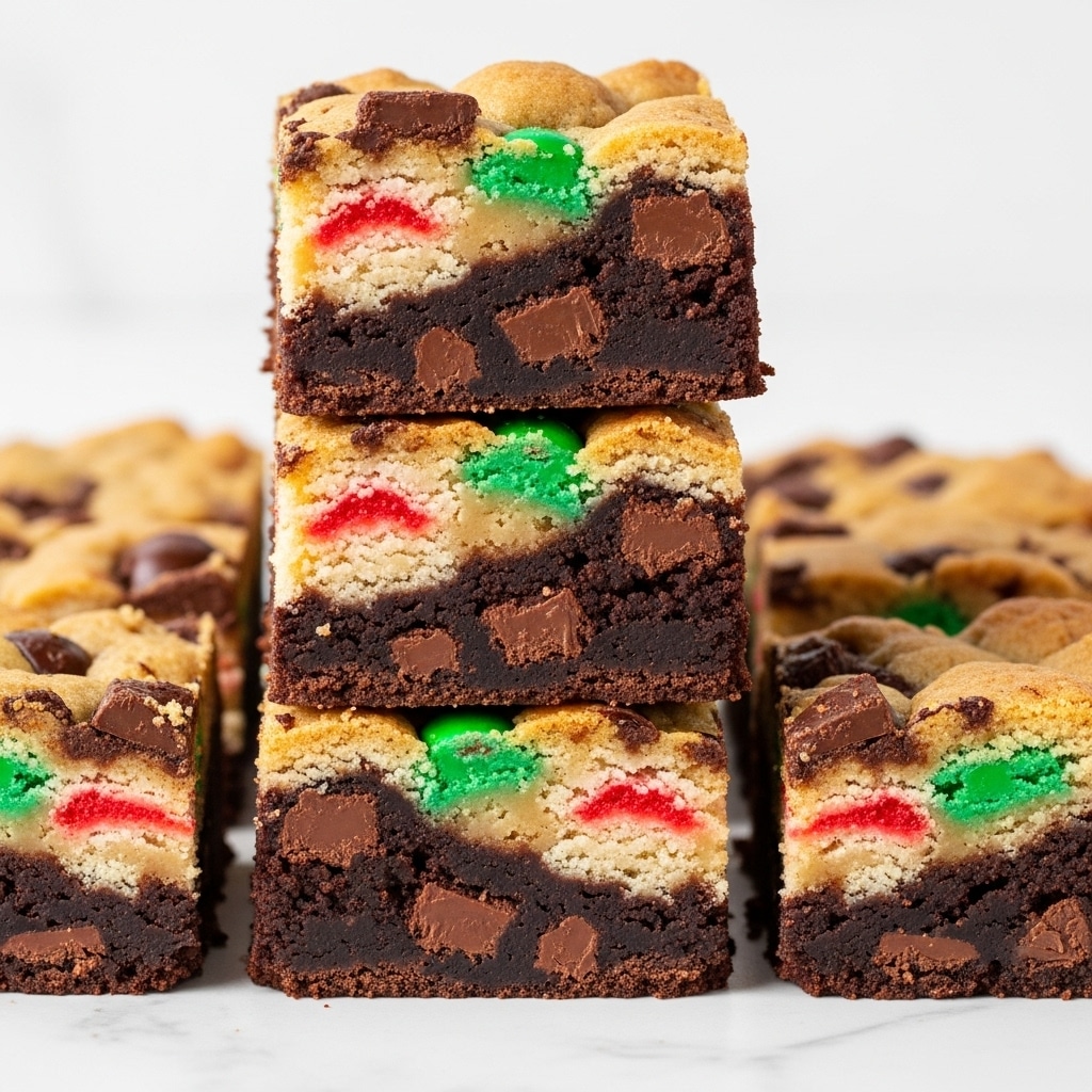 The image shows several thick square pieces of a layered dessert stacked on a white marbled surface, each piece featuring three distinct layers. The bottom layer is dark brown and dense, appearing rich and fudgy with chunks of chocolate throughout. The middle layer is lighter in color and has a soft, crumbly cookie texture with red and green candy pieces embedded inside. The top layer is golden brown with a slightly crispy surface and appears to be a baked cookie dough layer with chocolate swirls. The pieces are closely stacked, revealing the contrast between the dark chocolate base and the lighter, colorful upper layers. Photo taken with an iphone --ar 4:5 --v 7