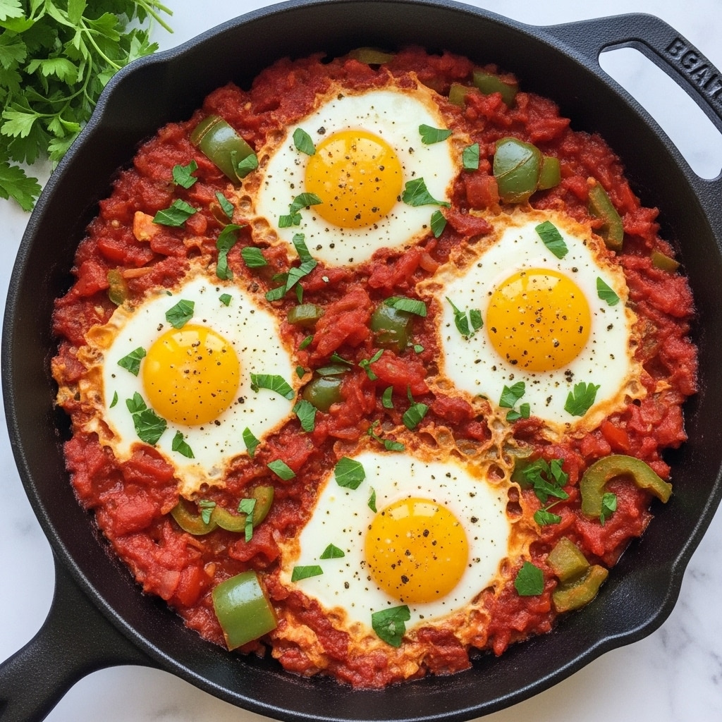 A black cast iron pan filled with a dish that has multiple layers: at the bottom, a chunky red tomato sauce mixed with pieces of green and red bell peppers and diced tomatoes, creating a textured, colorful base; on top of this, four cooked eggs with bright yellow yolks and white, slightly cooked edges are spread evenly across the pan; the whole dish is sprinkled with chopped green herbs, adding a fresh look, and a light dusting of cracked black pepper on the eggs; the pan is placed on a white marbled surface with a green bunch of fresh herbs nearby. photo taken with an iphone --ar 4:5 --v 7