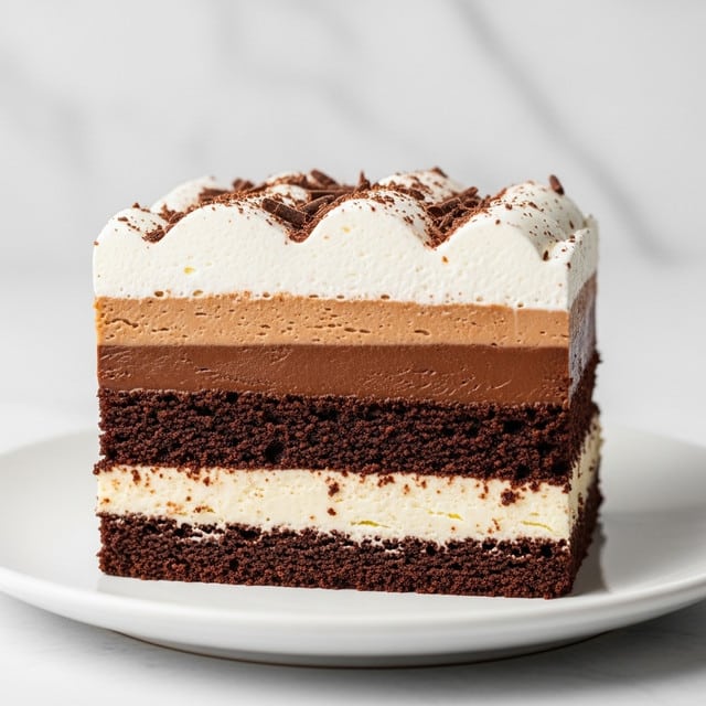 A close-up of a layered chocolate and cream dessert slice placed on a white plate. The dessert has five distinct layers: the bottom layer is a dark chocolate cake, above it a thick white cream layer, followed by a smooth milk chocolate layer, then another dark chocolate cake layer with a thin layer of white cream in the middle, and topped with a fluffy white cream layer sprinkled with fine chocolate shavings. The texture of the cake layers looks moist and crumbly, while the cream layers are smooth and light. The background features a white marbled texture. Photo taken with an iphone --ar 4:5 --v 7