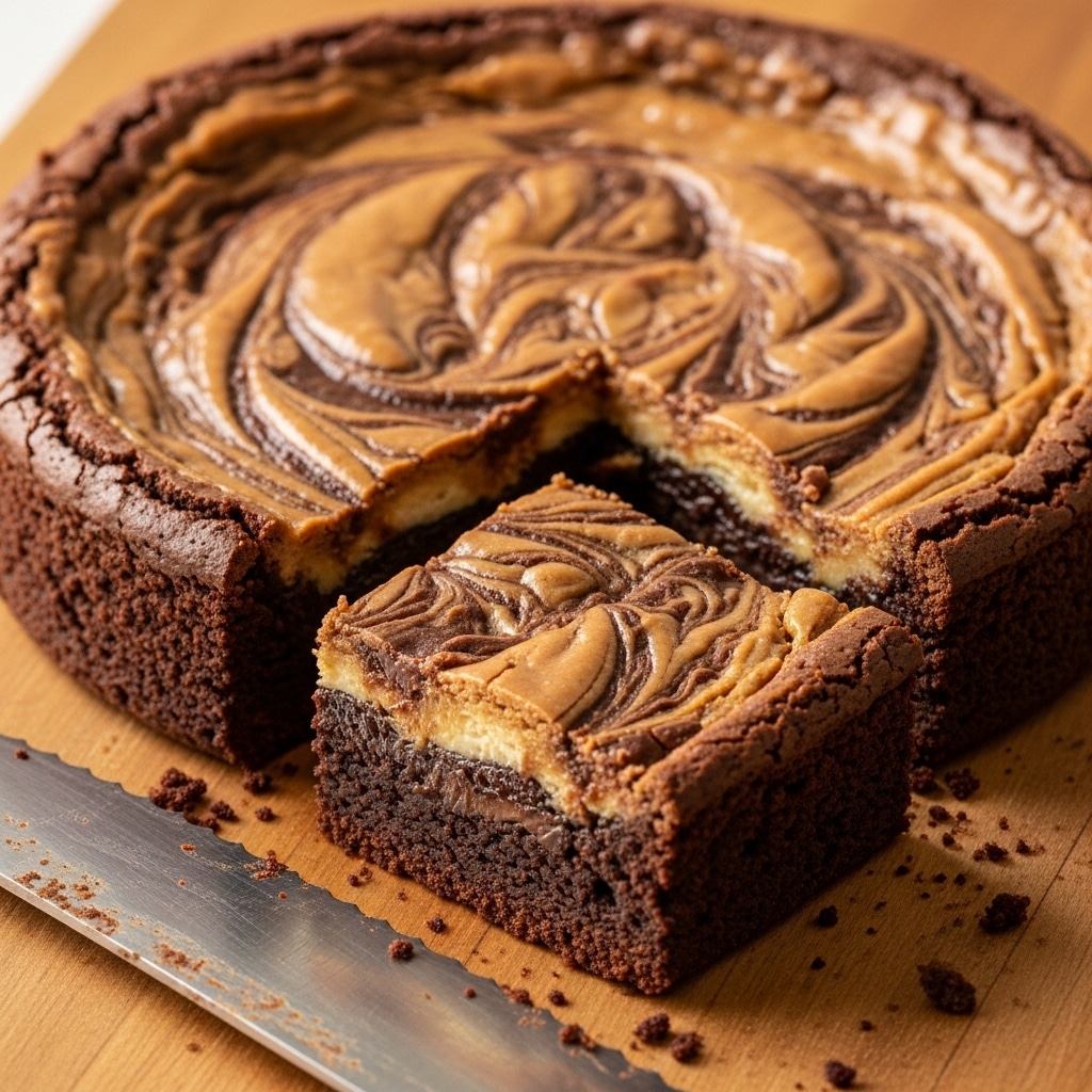 A round chocolate brownie is shown on a wooden board with one square piece cut and placed slightly apart. The brownie has two visible layers: a thick, dark brown bottom layer that looks soft and moist, and a swirled lighter brown and caramel-colored top layer with a glossy, marbled pattern. The surface texture is slightly cracked around the edges, while the center is smooth and shiny. The cut edges reveal a fudgy interior with a mix of dark chocolate and caramel. A large knife lies on the wood board in front of the brownie, with crumbs scattered nearby. photo taken with an iphone --ar 4:5 --v 7
