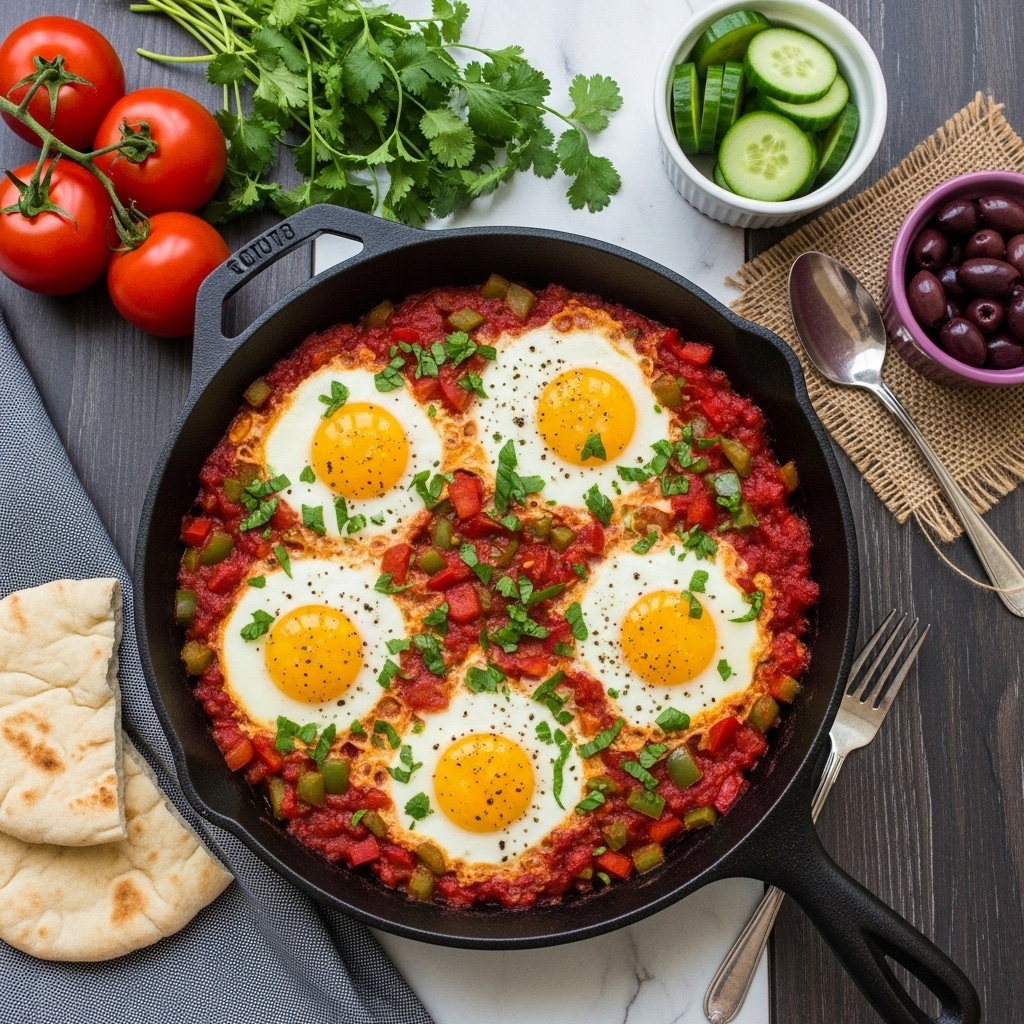 A black cast iron skillet filled with a vibrant shakshuka dish sits on a dark wooden table with a white marbled texture. The shakshuka has a base layer of chunky red tomato sauce mixed with diced green and red bell peppers. On top, there are five sunny-side-up eggs with bright yellow yolks and soft white edges, sprinkled with cracked black pepper. Fresh chopped green herbs are scattered generously over the entire dish, adding a touch of brightness. Around the skillet, there are whole red tomatoes, fresh cilantro sprigs, two pieces of pita bread on a piece of burlap, a small white bowl with sliced green cucumbers, and a small purple bowl filled with dark olives. A silver spoon and fork rest beside the cucumber bowl. photo taken with an iphone --ar 4:5 --v 7