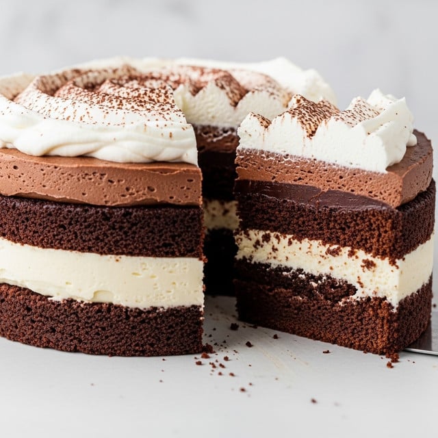 A close-up of a multi-layered round cake with one slice missing, showing four distinct layers. The bottom layer is dark brown, crumbly chocolate cake. On top of it is a thick, creamy off-white layer, followed by a smooth, dense dark chocolate layer, then another thin off-white cream layer. The third cake layer is dark brown and moist, with another thick layer of dark chocolate cream above it. The top layer is fluffy, white whipped cream evenly spread and lightly dusted with small sprinkles of cocoa powder. The cake sits on a flat white surface with a white marbled texture in the background. photo taken with an iphone --ar 4:5 --v 7