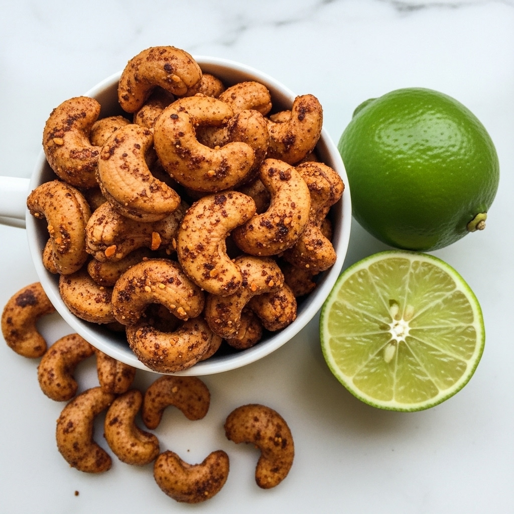 A white cup filled to the top with roasted cashew nuts coated in a dark spice mix, showing a rough texture and brownish-red color on each nut. Some cashews are scattered around the cup on a white marbled surface. Next to the cup, there is a whole green lime and a half lime with the inside squeezed out, showing a pale greenish-yellow color and a juicy texture. photo taken with an iphone --ar 4:5 --v 7