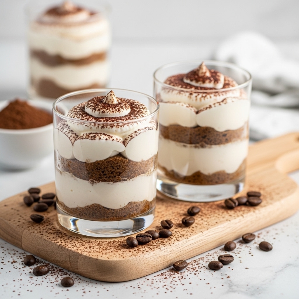 The image shows two clear glass cups with three layers each; the bottom layer is a light brown creamy mixture, the middle layer is a darker, brownish sponge-like layer, and the top layer is a thick, white whipped cream sprinkled with dark brown cocoa powder. The glasses sit on a light wooden board with scattered cocoa powder and coffee beans around them, set against a white marbled surface. In the background, another glass cup dessert and a small white bowl filled with cocoa powder are visible but blurred. photo taken with an iphone --ar 4:5 --v 7
